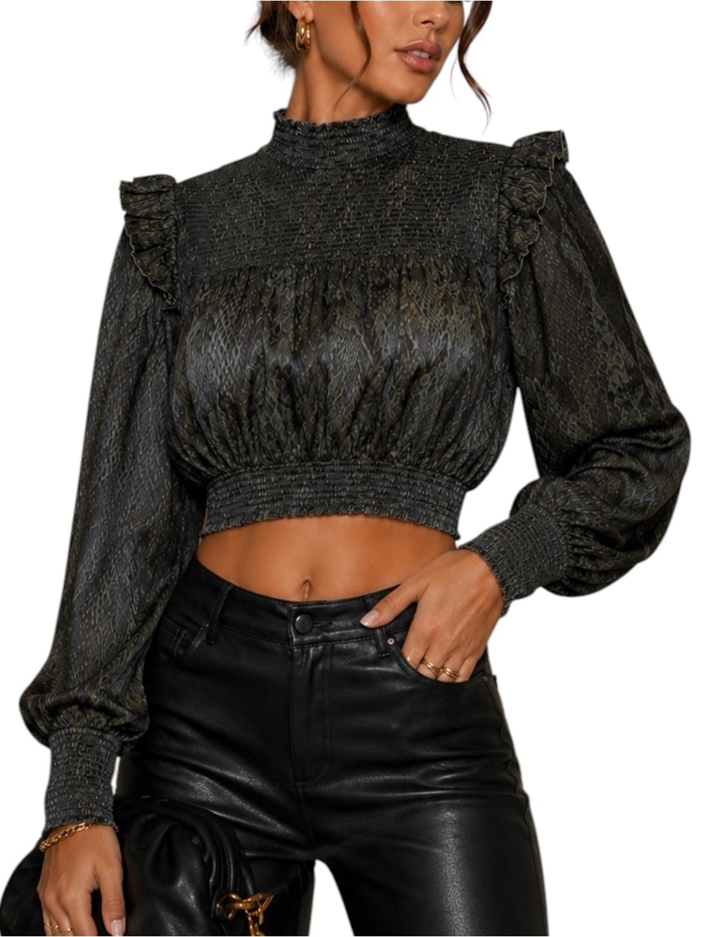 KARLIE Luxe Snakeskin Print Open Back Tie Dark Green Cropped Blouse Small